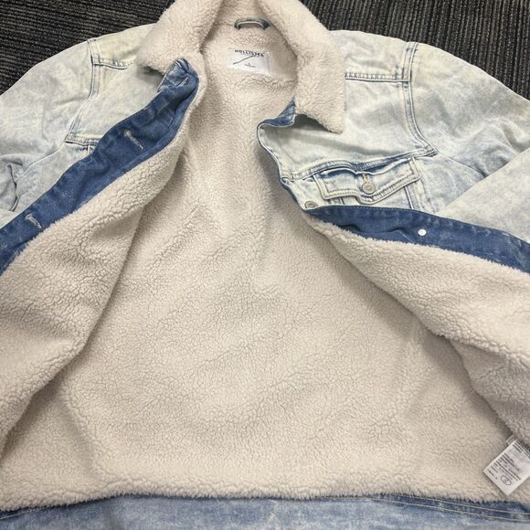 HOLLISTER Women’s Sherpa Lined Acid Wash Denim Boyfriend Jacket Blue Size Large - Picture 7 of 12